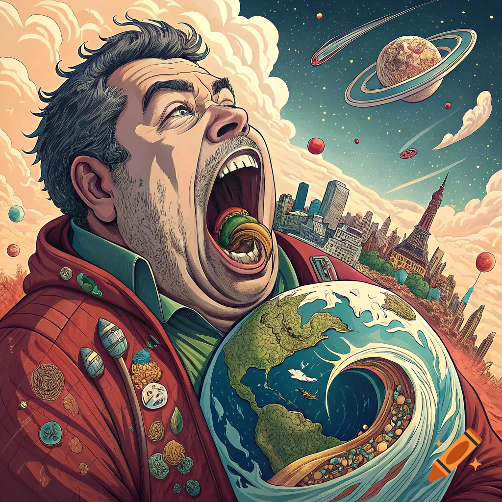 Cartoon illustration of a large man with a city skyline and space behind him, eating the Earth like a hamburger.