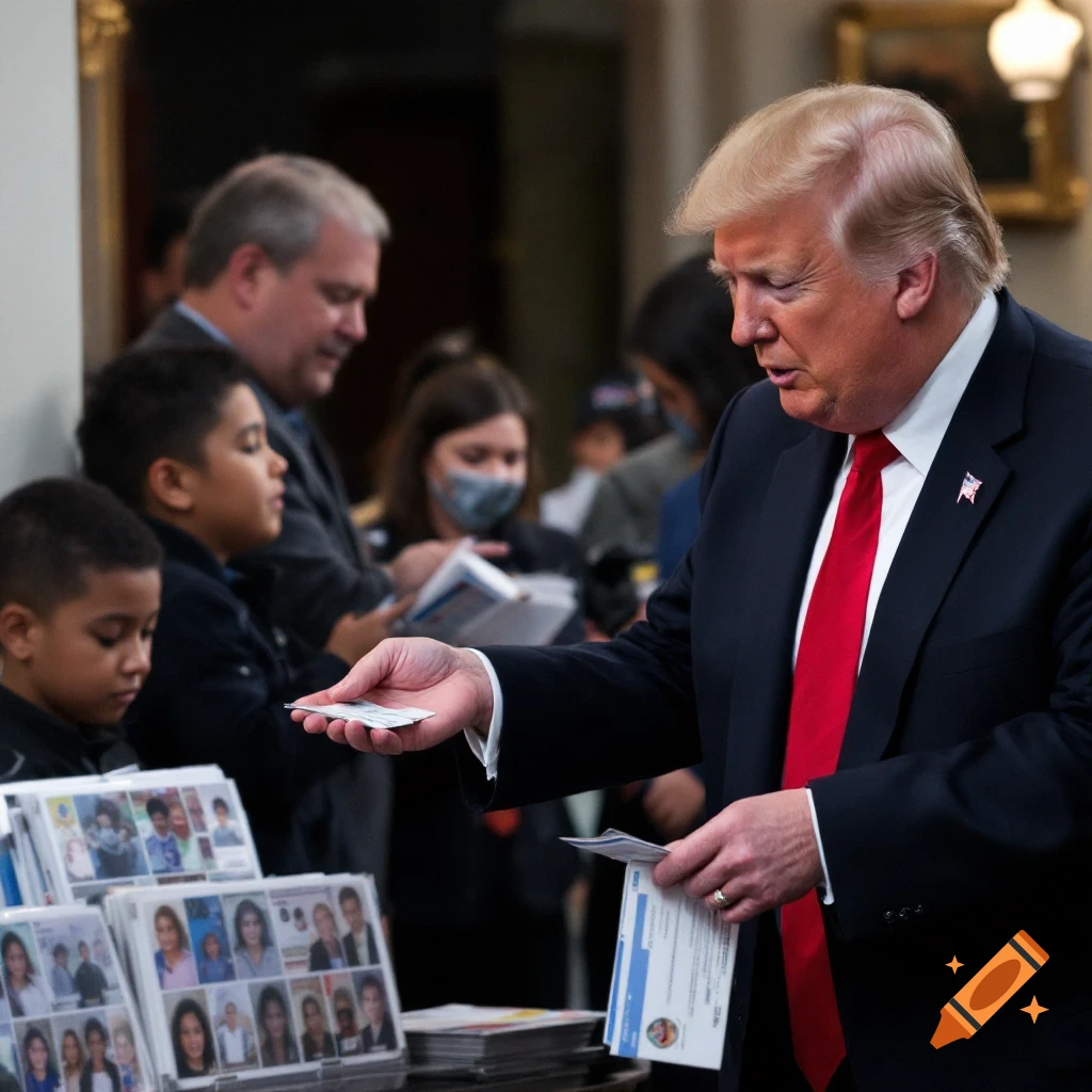 Donald Trump hands papers to people gathered in a room.