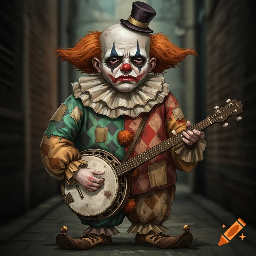 An angsty clown in a patchwork costume playing a banjo in an alley.