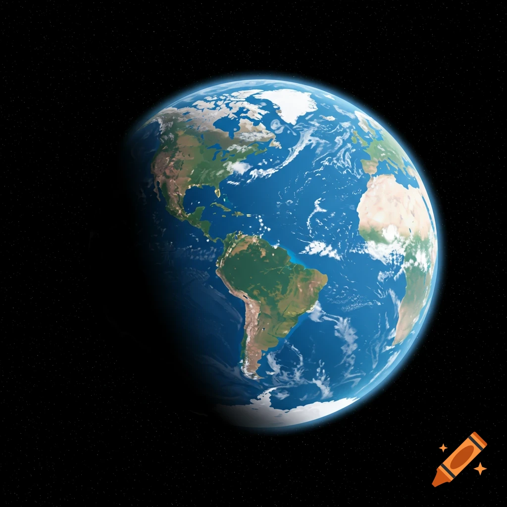 Planet Earth seen from space, showing continents, oceans, clouds, and stars.