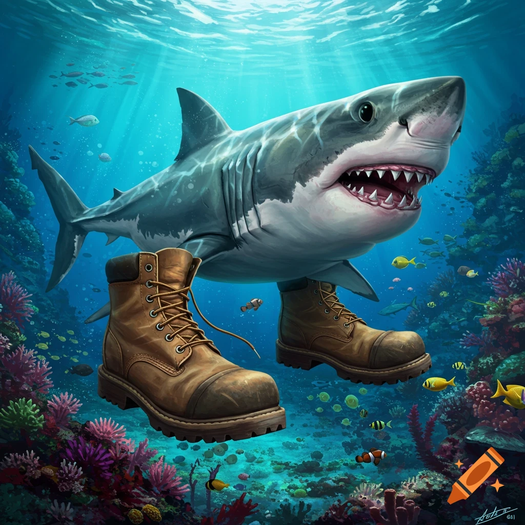 A shark wearing brown work boots swimming over a coral reef.