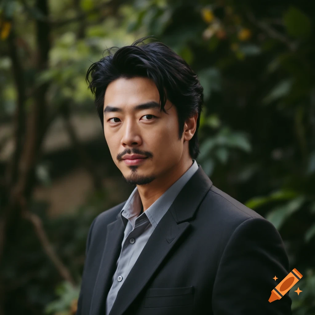 Photorealistic portrait of actor Gong Yoo in a suit looking at the camera with a blurry green background