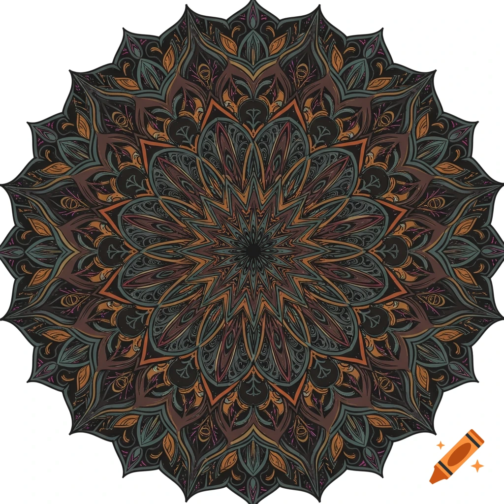 An intricate dark brown and blue decorative mandala pattern