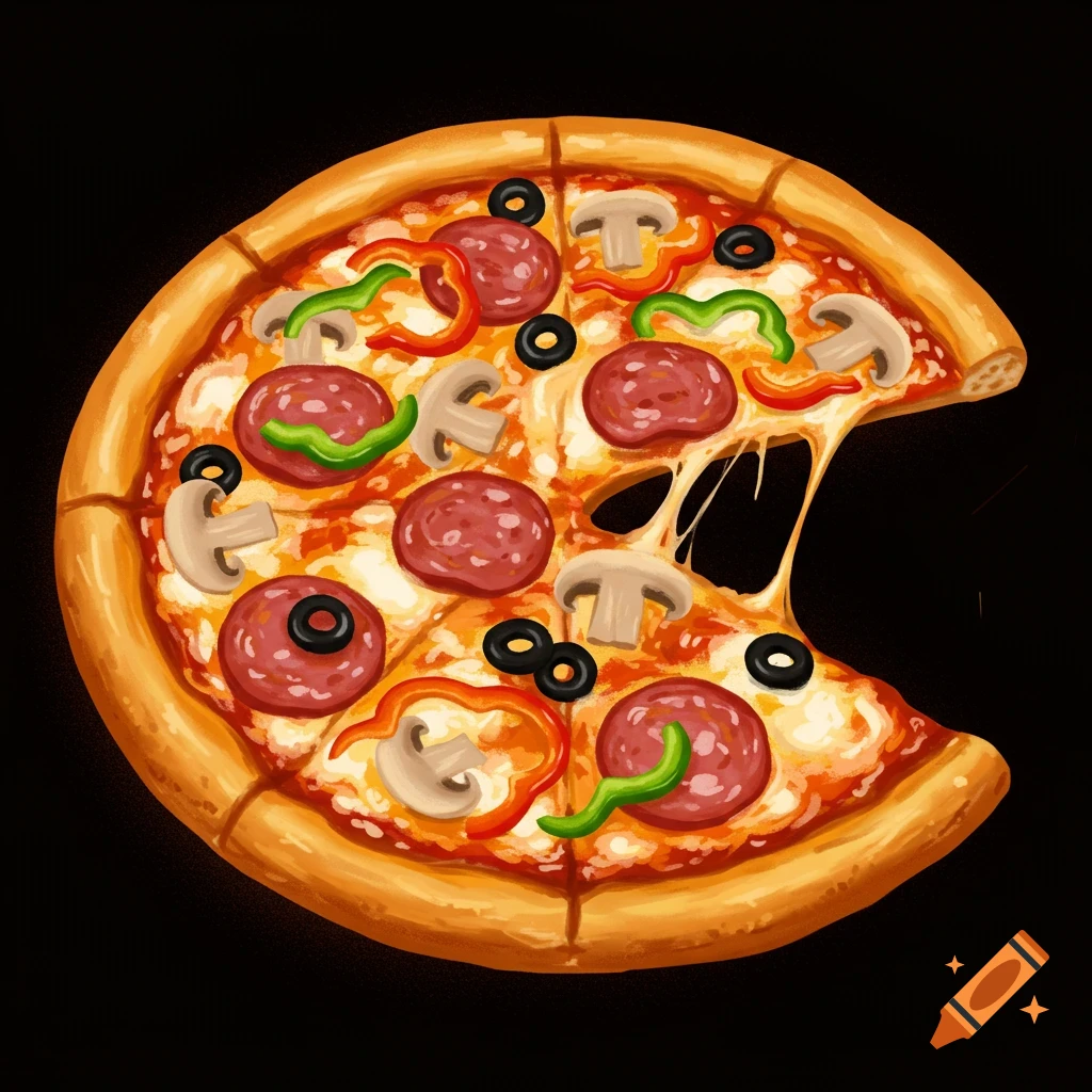 A pepperoni pizza with a bite taken out, showing cheese pull, mushrooms, peppers, and olives on a black background.