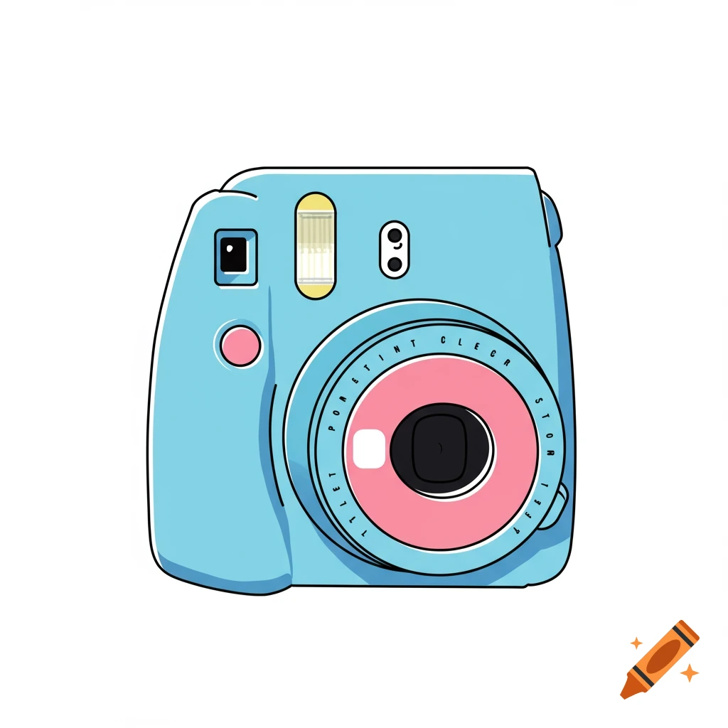 A light blue instant camera illustration with a pink ring around the lens and black outline.