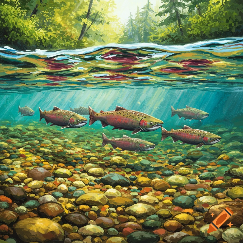 Several salmon swimming in a clear river with reflections of a forest overhead.