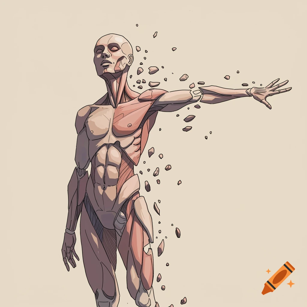 Stylized illustration of a human figure transforming, breaking into fragments, showing muscles and structure in muted tones.