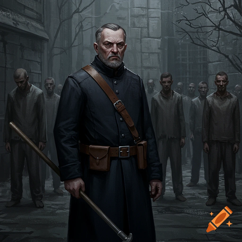 A guard with a baton overseeing prisoners in a dark yard.