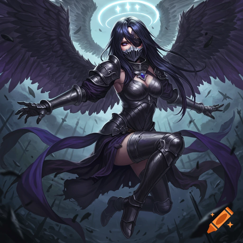 Anime dark angel character in black armor with large wings and a halo floating over a battlefield.