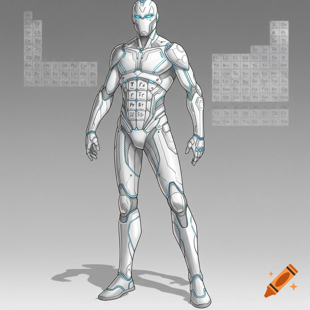 A character in a white sci-fi suit with blue accents, standing in front of periodic tables.