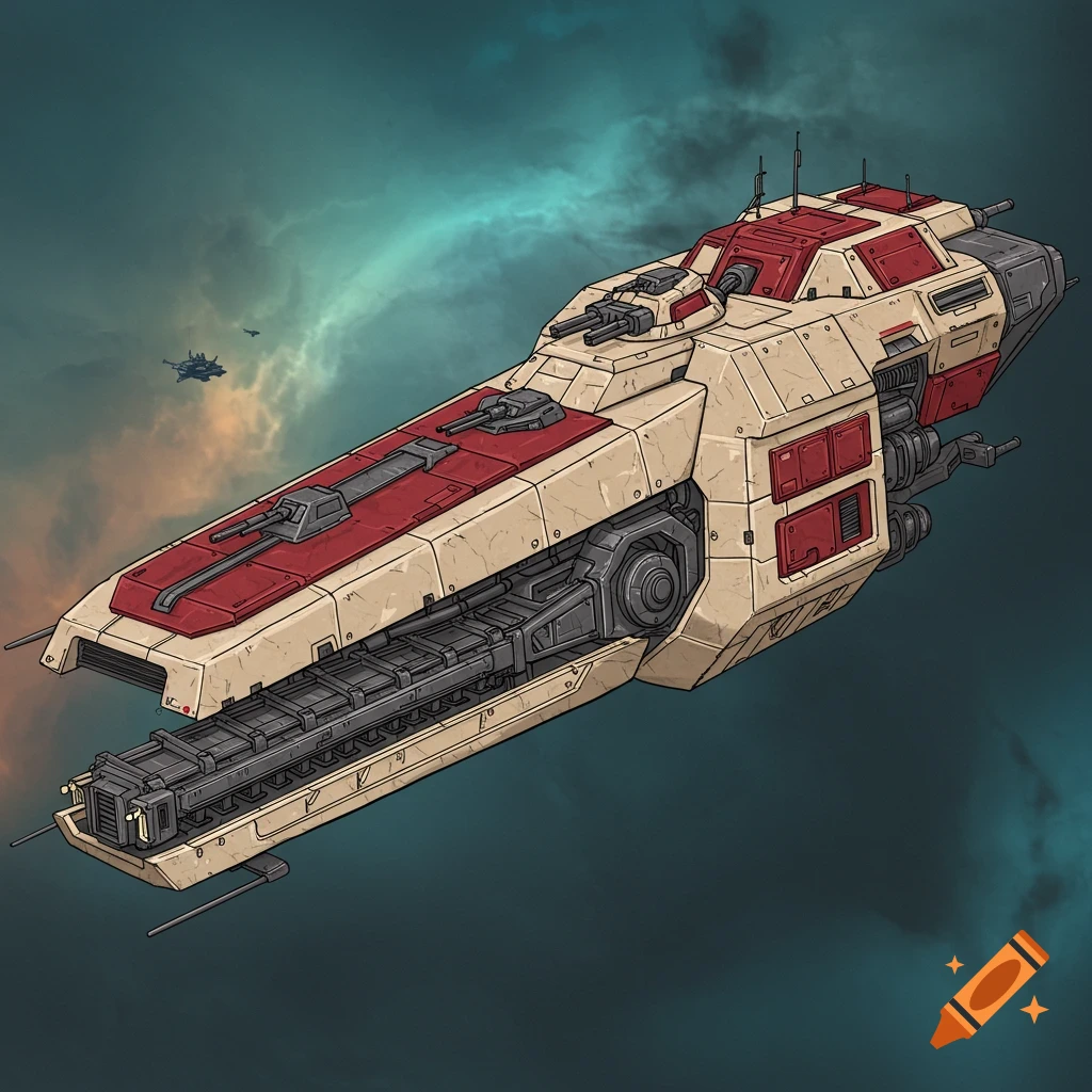 2D game art illustration of a large starship in space.