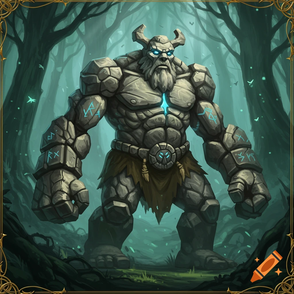 A stone golem creature with runes in a forest.