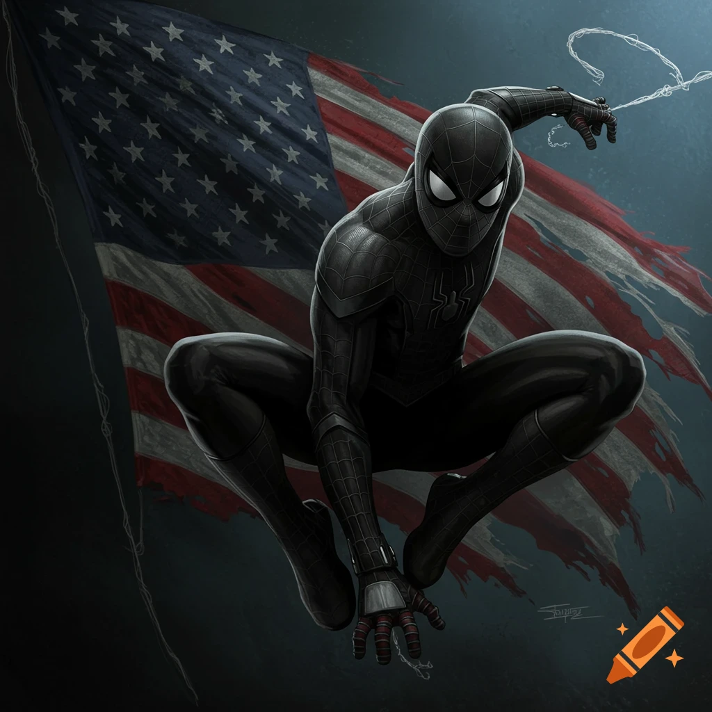 A dark grey Spider-Man crouches heroically before a tattered American flag.