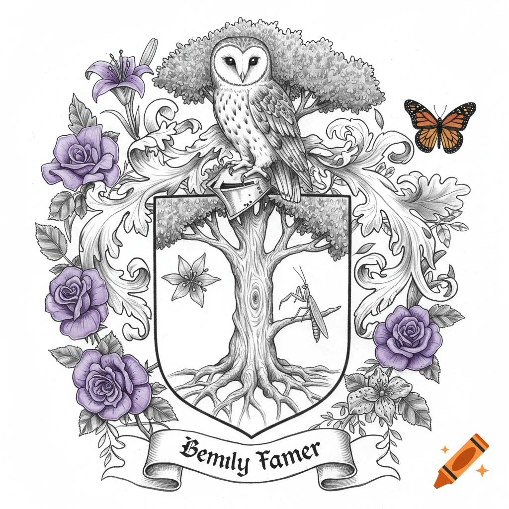 Pencil drawing of a family crest with an owl on a tree inside a shield, surrounded by flowers, insects, and a banner.