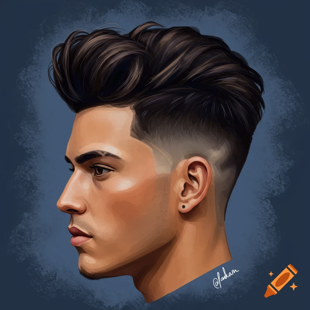 Painting of a man in profile with a textured quiff and taper fade haircut.