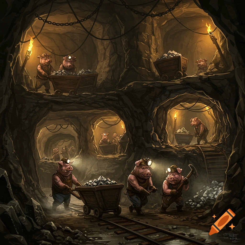 Cartoon pigs mining underground in a dark cave with picks and mine carts.