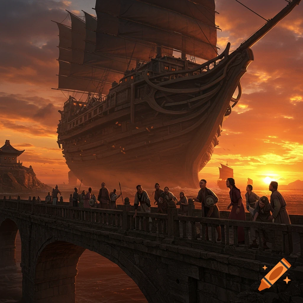 A giant fantasy ship looms over a bridge at sunset, with people watching from below.