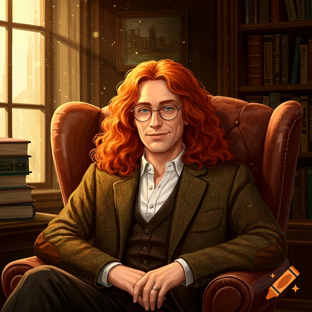 A person with long red curly hair and glasses is sitting in a leather chair in a library.