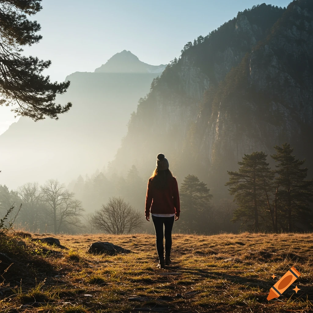 A person stands in a field looking towards misty mountains.