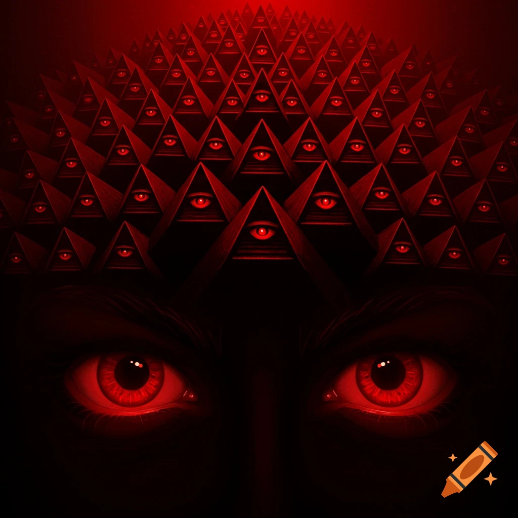 Close up of red eyes below a pattern of red pyramids with red eyes inside, in a dark red style.