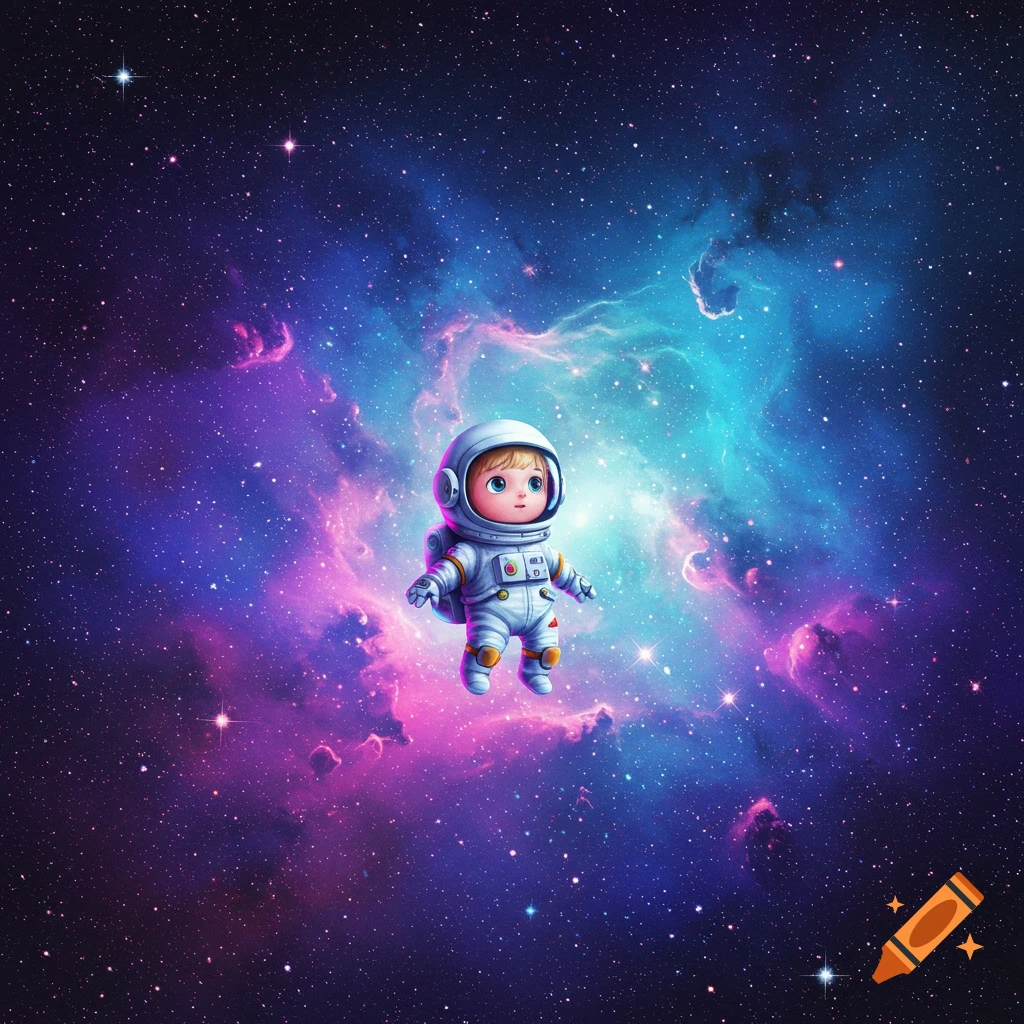 A cute small astronaut floats in front of a colorful nebula and stars.
