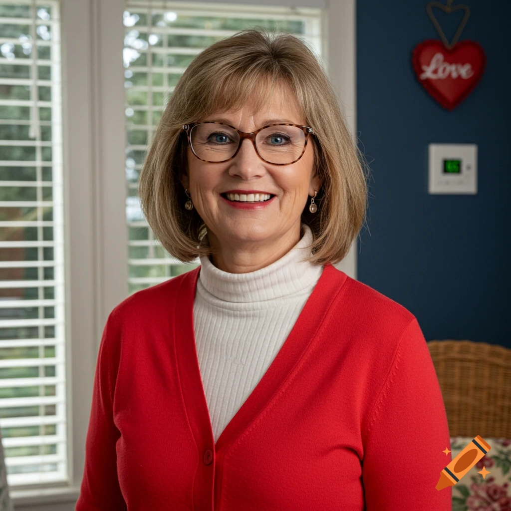 Smiling middle-aged woman in red cardigan and glasses indoors