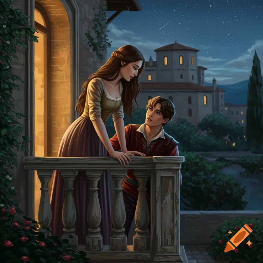 A couple looks at each other on a balcony overlooking a garden and building at night.