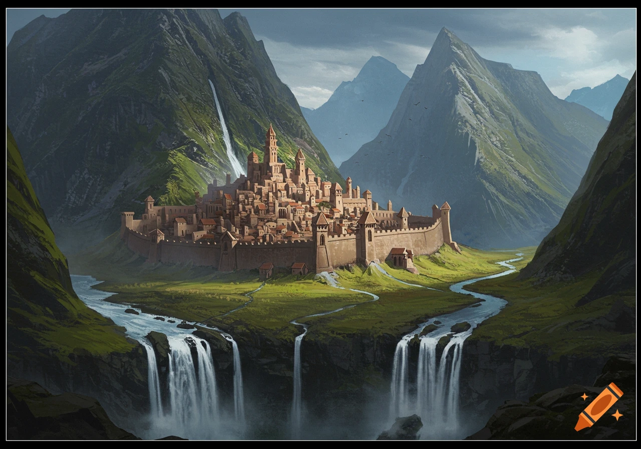 A walled city nestled in a mountain valley with rivers and waterfalls.