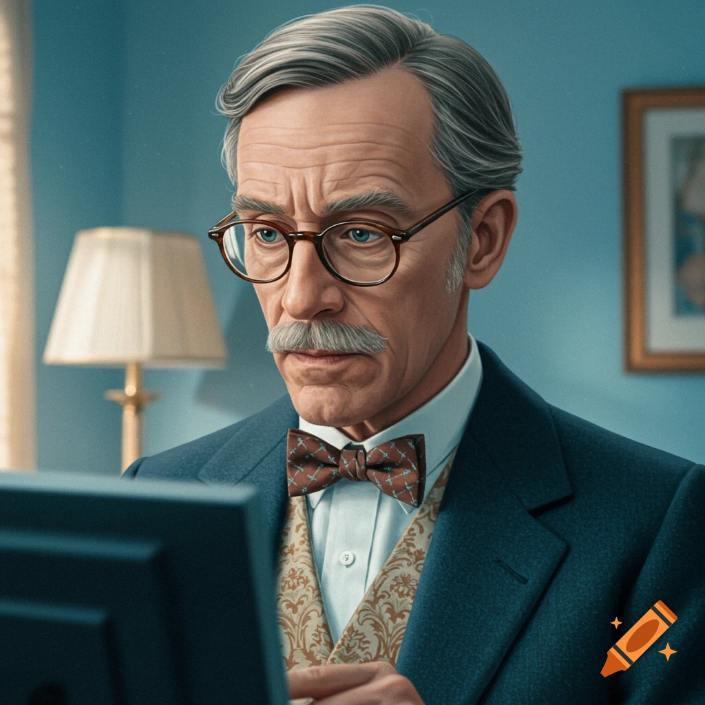 A close-up portrait of an older man in formal wear looking at a screen.