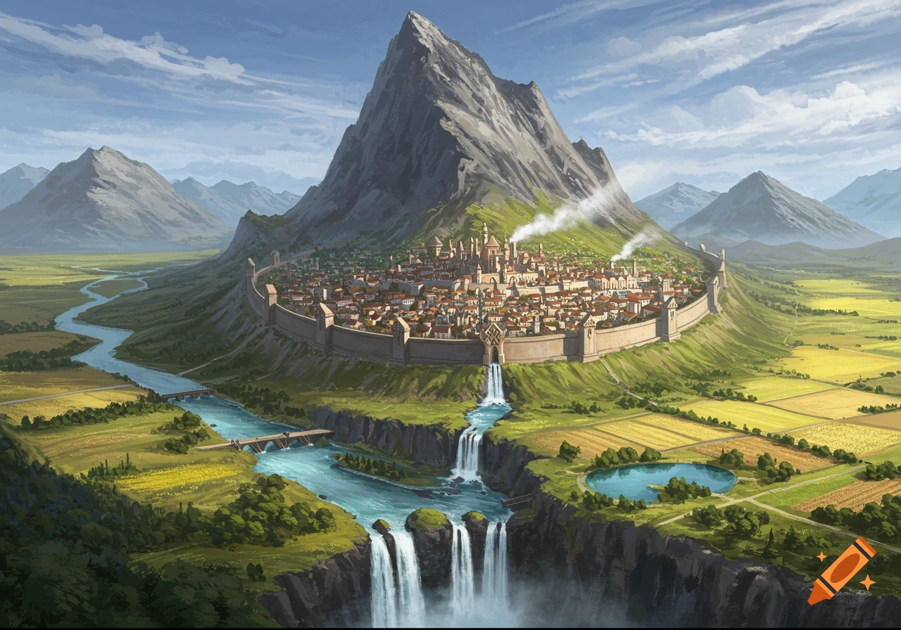 A fantasy city nestled against a mountain with rivers, waterfalls, and farmlands.