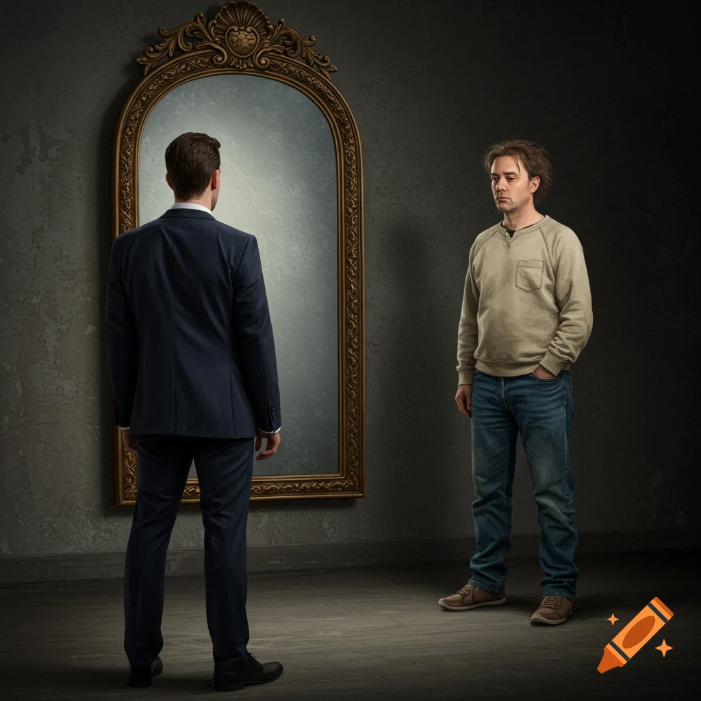 A man in a suit looks at a mirror while another man in casual clothes stands next to it.