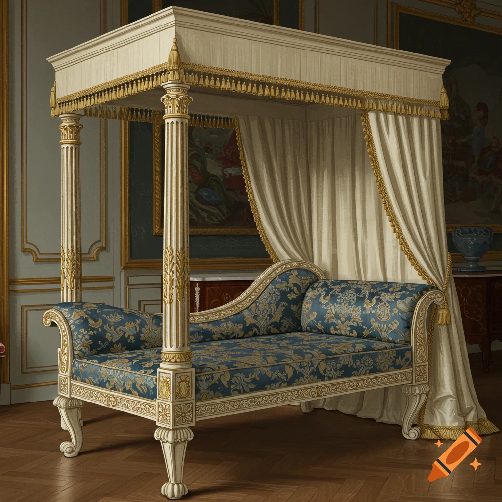 An ornate 18th century French chaise lounge with a canopy sits in a room.