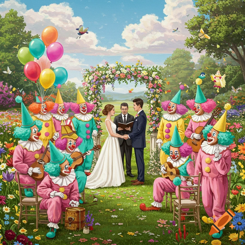 A garden wedding ceremony attended by many clowns playing instruments.