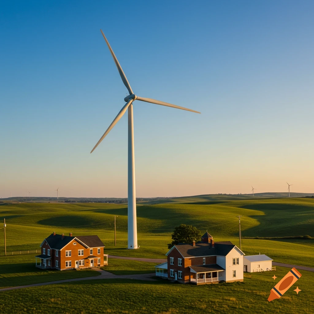 A giant wind turbine stands among rolling green hills next to two brick houses under a clear sky.