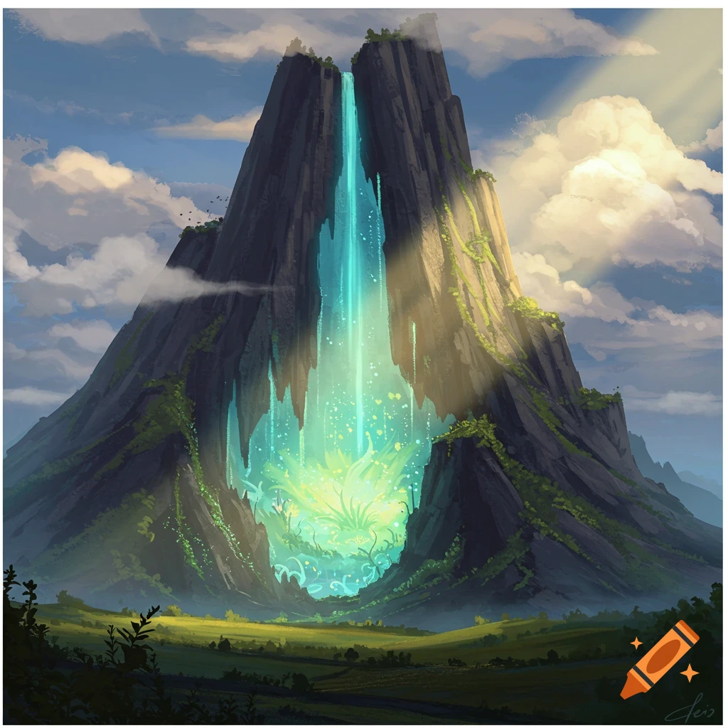 A glowing blue waterfall cascading into a hollow mountain cavern filled with luminous green plants.