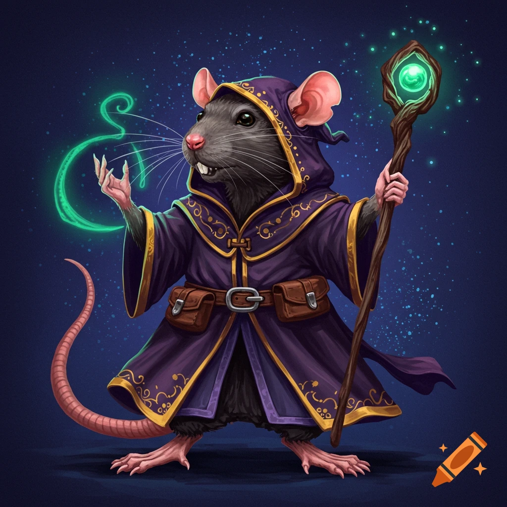A rat wizard in a purple robe, holding a staff and casting green magic.