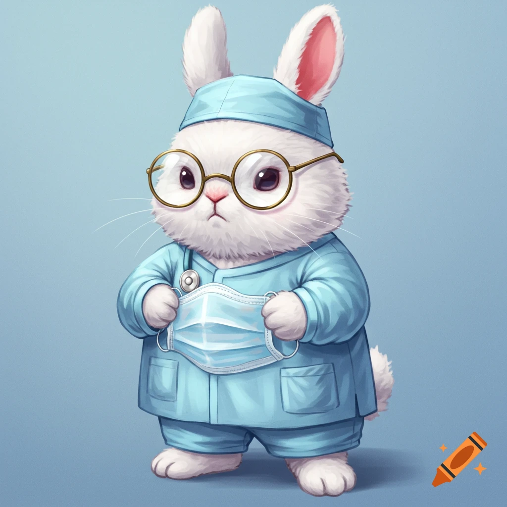A cute rabbit wearing scrubs, glasses, and a surgical cap, holding a face mask.