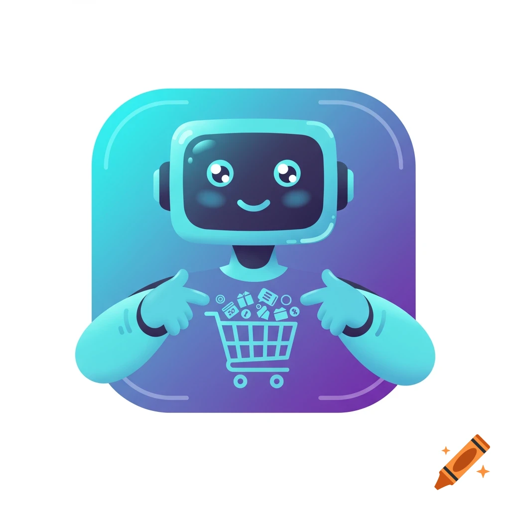 A cute blue robot illustration points to a shopping cart icon filled with gifts on its chest.