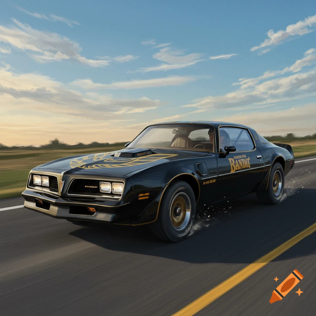Black Pontiac Trans Am driving on a road
