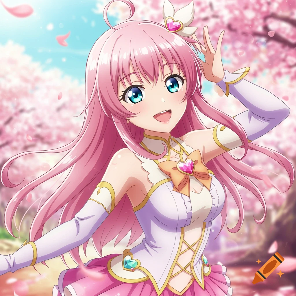 Anime girl smiling and waving in a cherry blossom setting