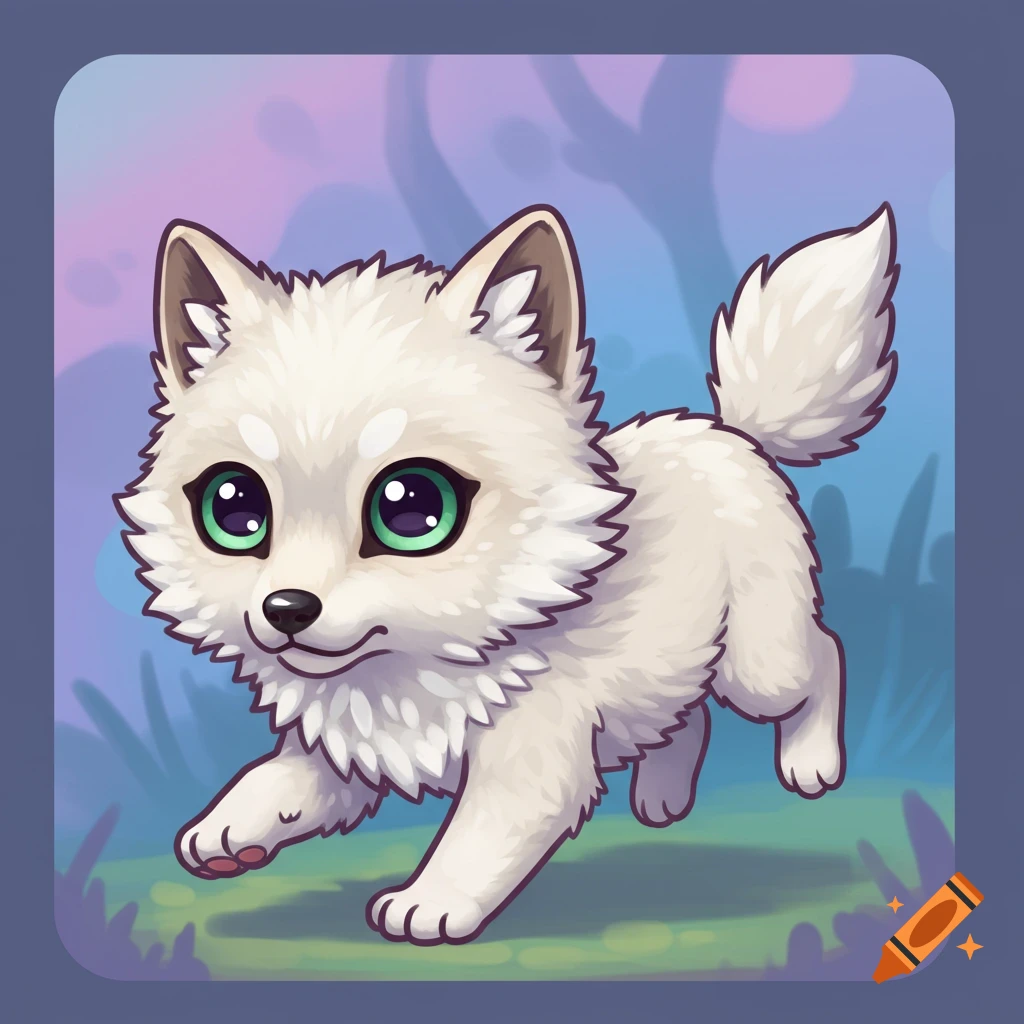 A cute cartoon white wolf cub with large green eyes walks through a forest clearing in a vector illustration style.