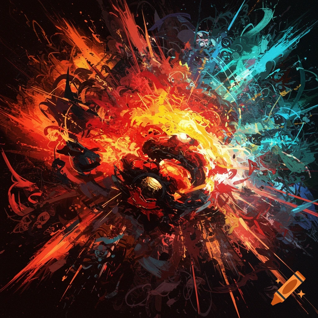 An abstract image depicting a colorful explosion of red, orange, yellow, and blue shapes and lines radiating outwards on a dark background.
