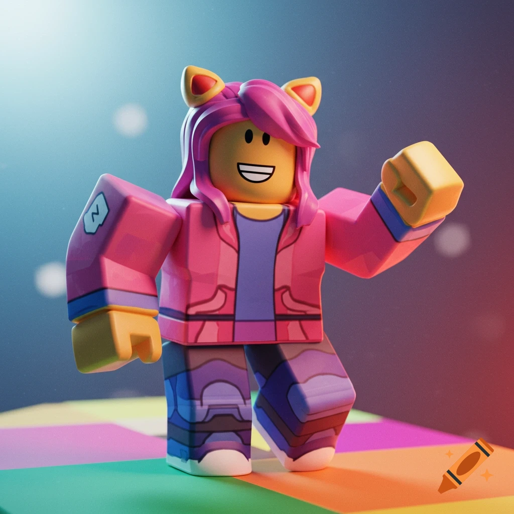 A Roblox character with pink hair, cat ears, pink jacket, and purple shirt and pants stands on a colorful platform.