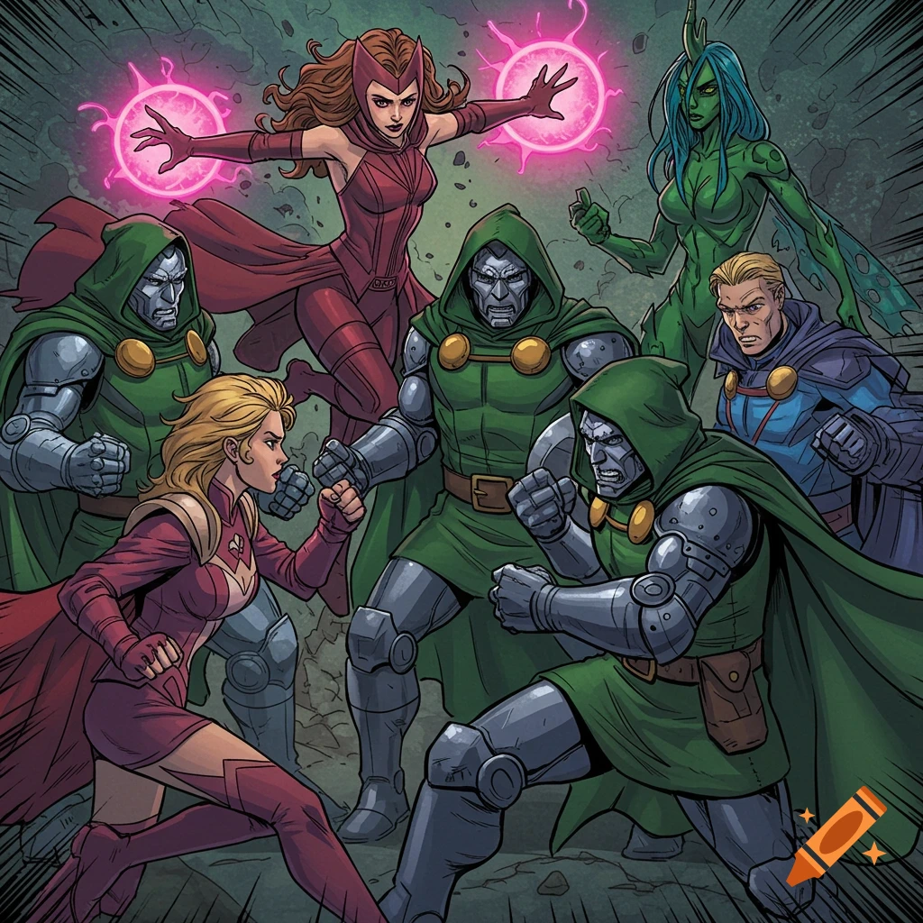 Comic book illustration of Scarlet Witch, Doctor Doom, Captain Marvel, and others fighting.