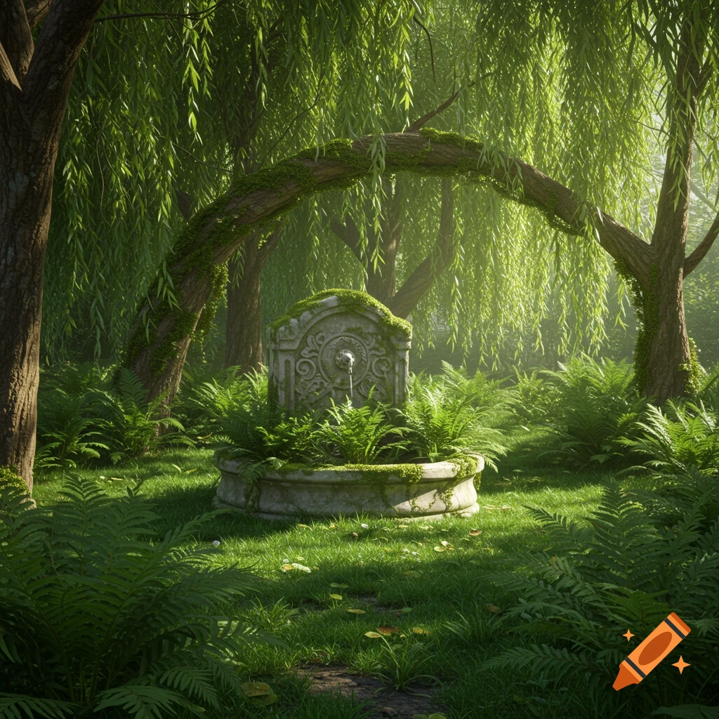 A stone fountain sits in a forest surrounded by ferns and willow trees.