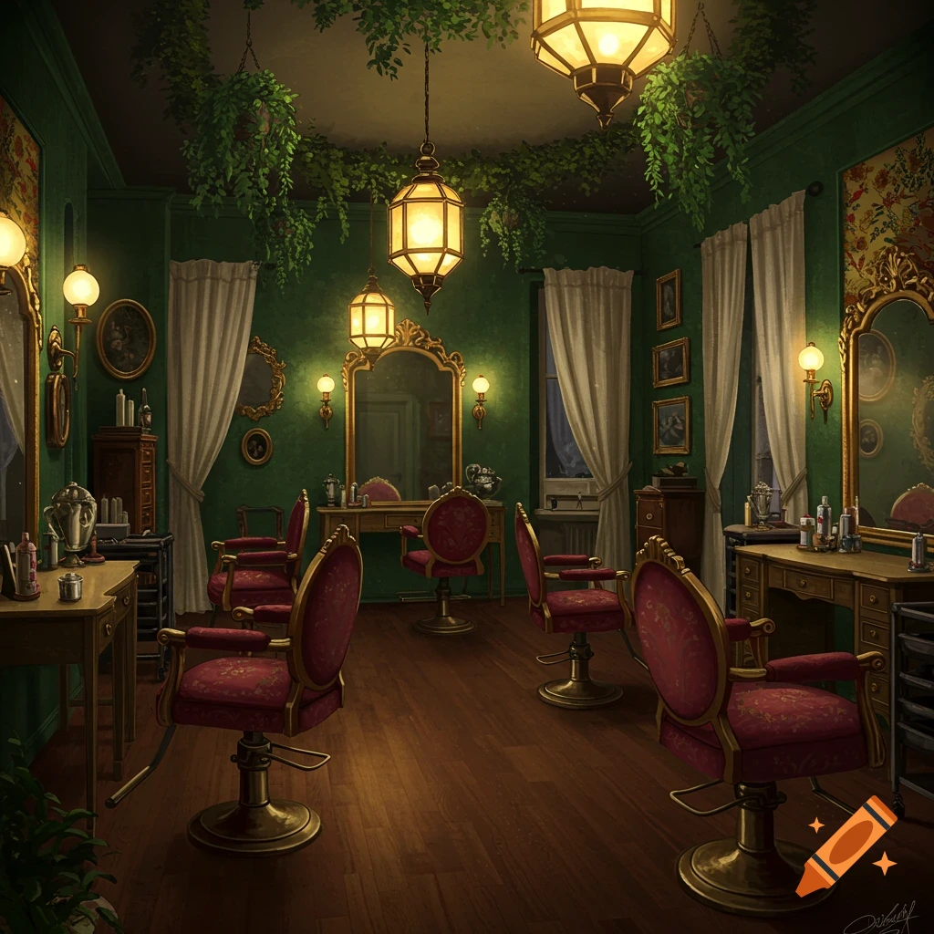 A Victorian hair salon interior with green walls, red chairs, hanging plants, and lit lanterns.