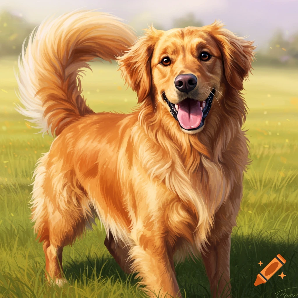 A happy golden retriever stands in a grassy field.