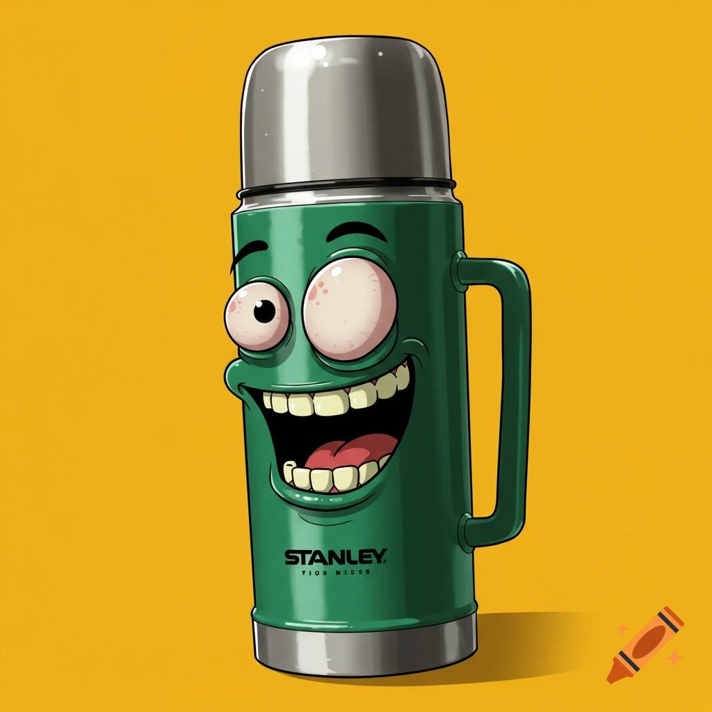 A goofy cartoon green thermos with a face on a yellow background.