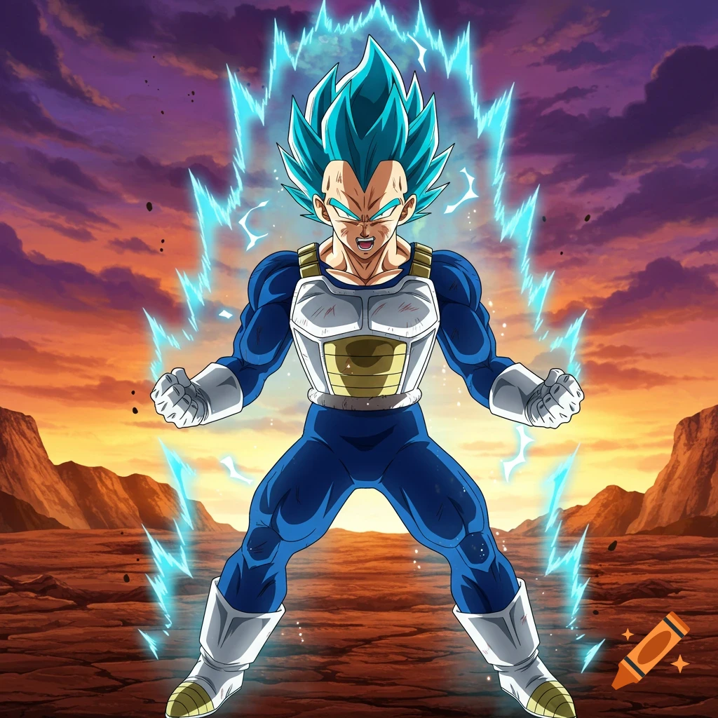 Anime illustration of Vegeta from Dragon Ball in Super Saiyan Blue form powering up with a blue aura in a barren landscape.