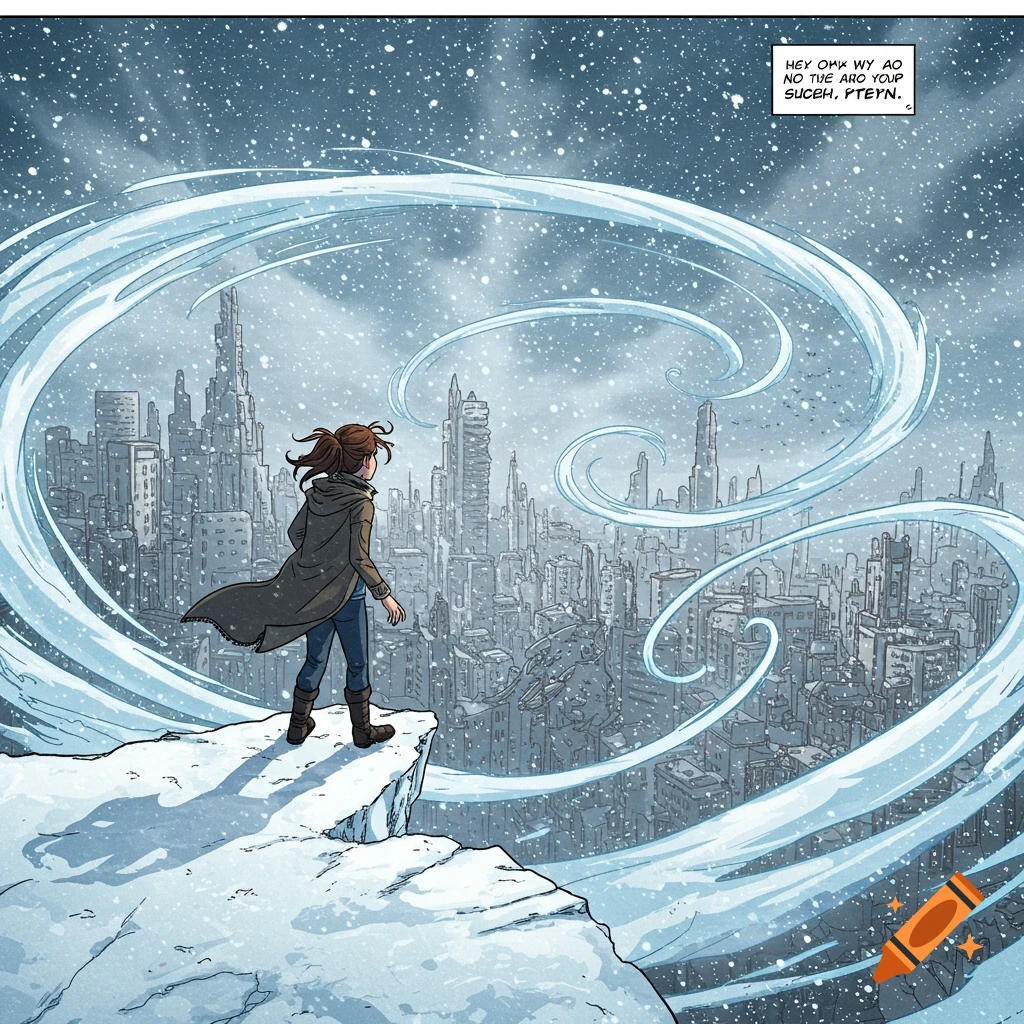 A woman stands on a snowy cliff overlooking a futuristic abandoned city in comic book art style.